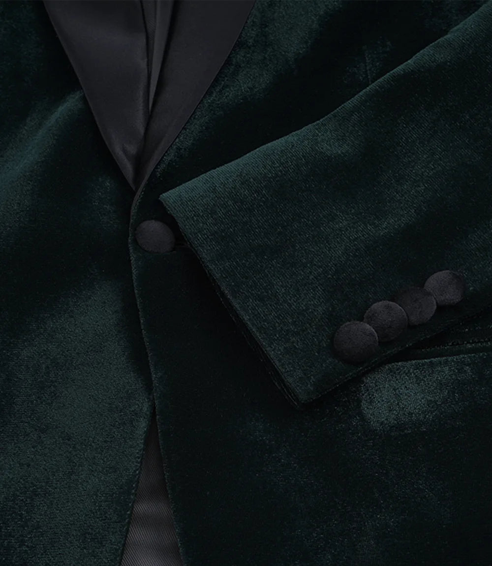 Lance Mens Green Velvet Single Button Tuxedo with Peak Lapel