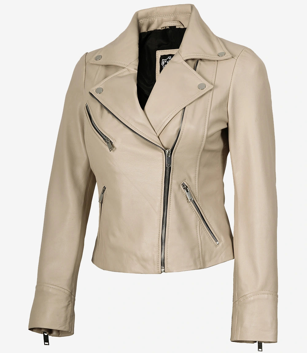 Women's Real Lambskin Leather Beige Biker Style Jacket