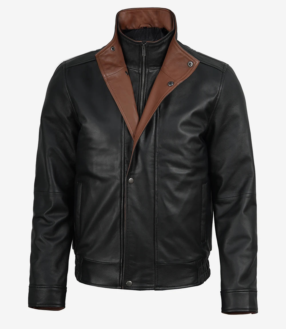 Erin Mens High-Collar Black Bomber Leather Jacket With Brown Details