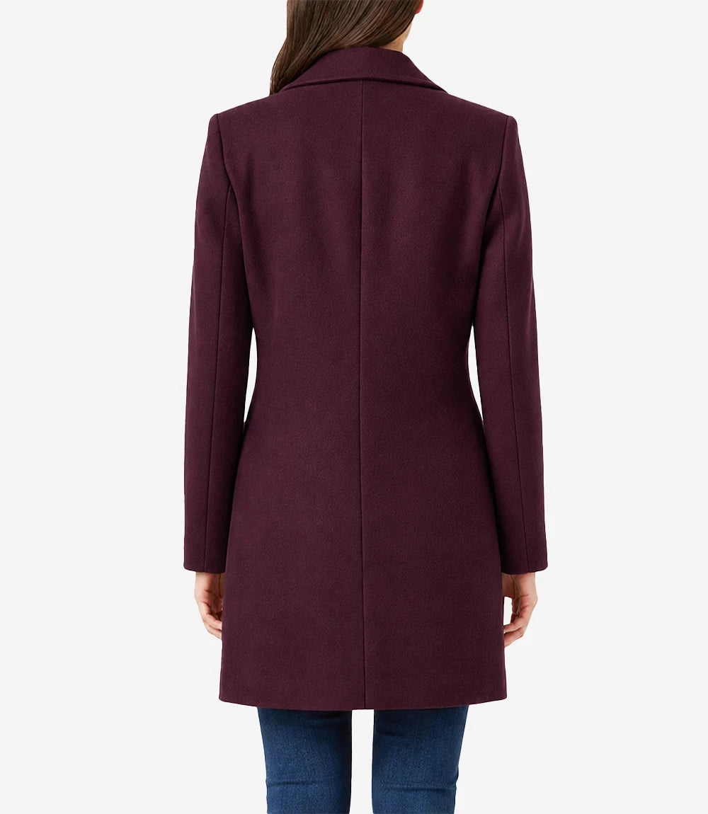 Barbara Women's Mid Length Burgundy Wool Coat - Burgundy - view 2