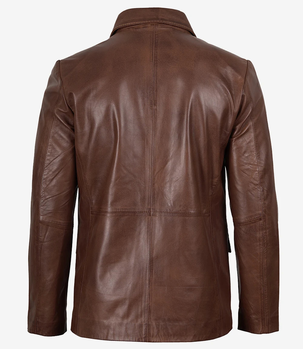 Mens Two Button Cognac Waxed Leather Blazer - Notch Lapel