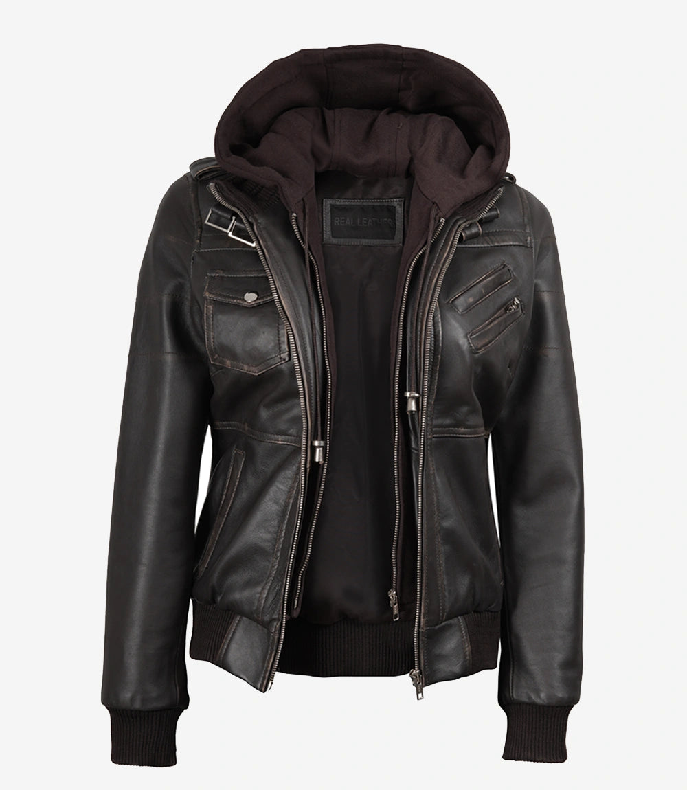 Womens Rub Off Brown Hooded Bomber Leather Jacket