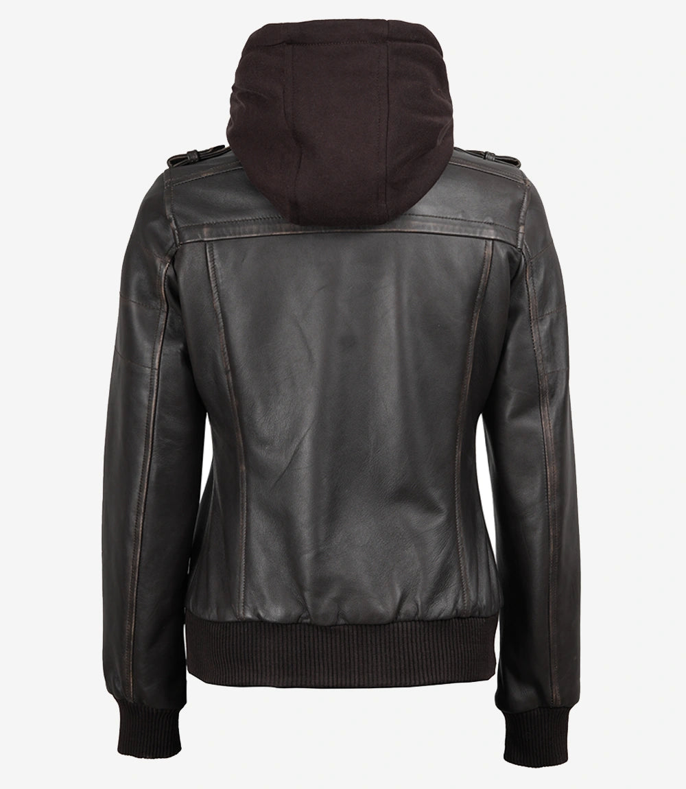 Womens Rub Off Brown Hooded Bomber Leather Jacket