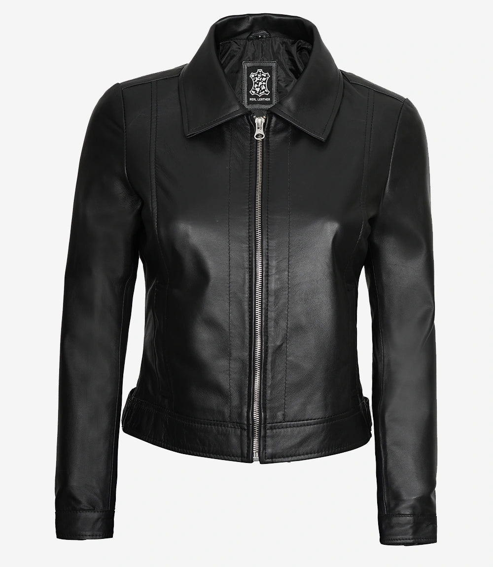 Womens Shirt Collar Black Leather Jacket