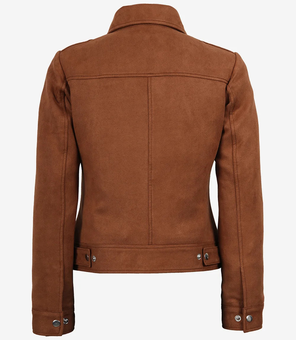 Womens Shirt Collar Light Brown Faux Suede Jacket