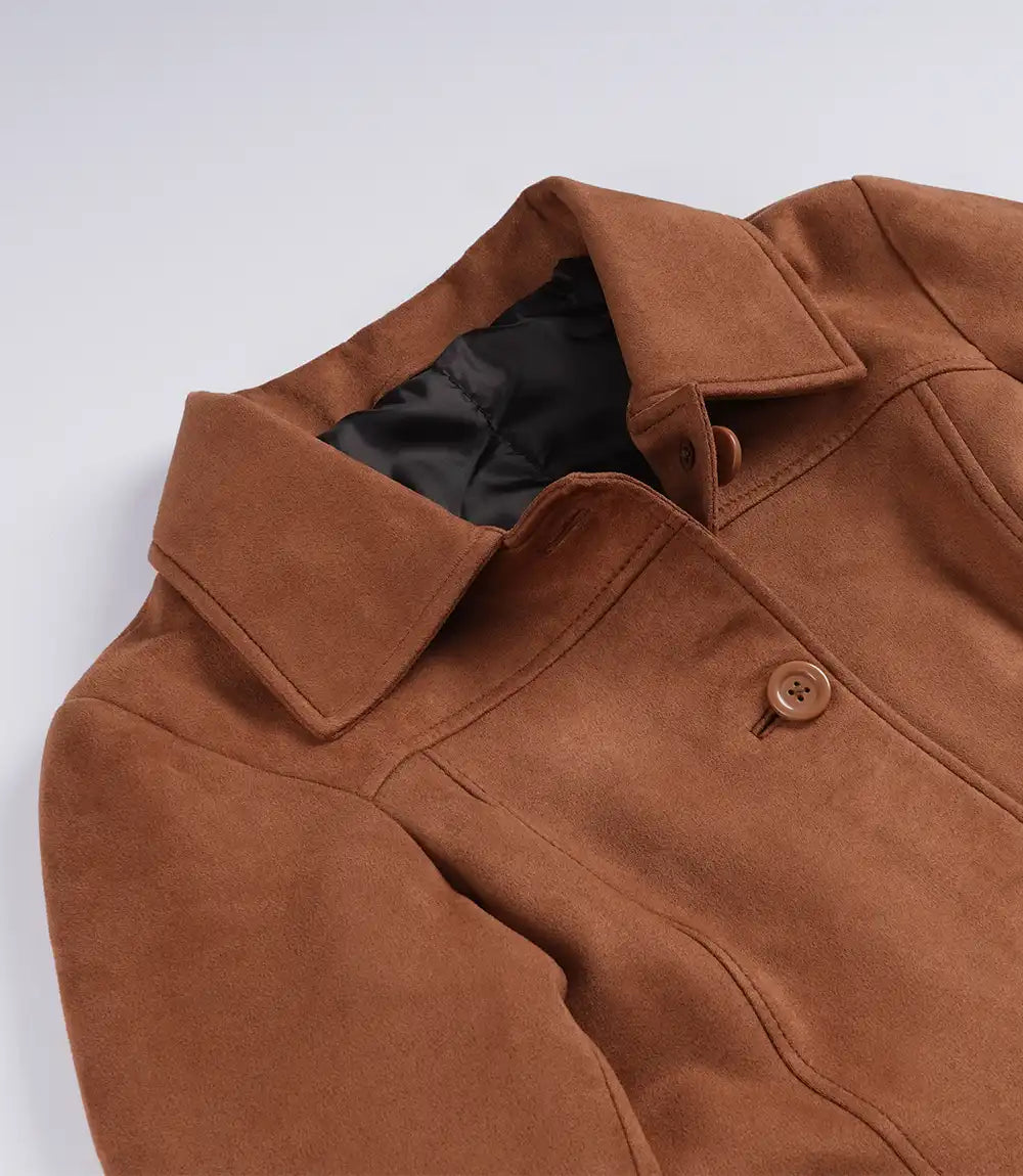Women's 3/4 Length Button Down Light Brown Faux Suede Coat