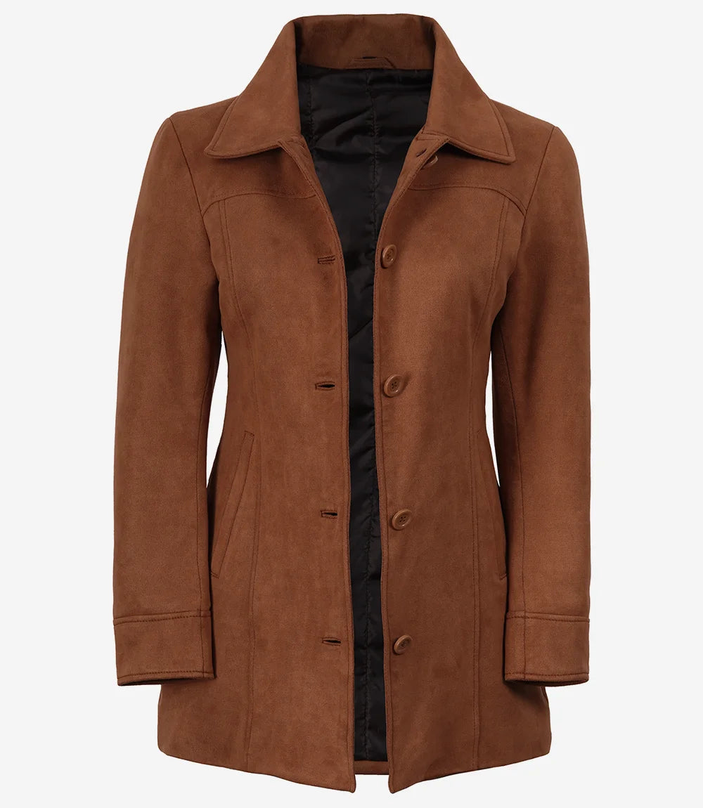 Women's 3/4 Length Button Down Light Brown Faux Suede Coat