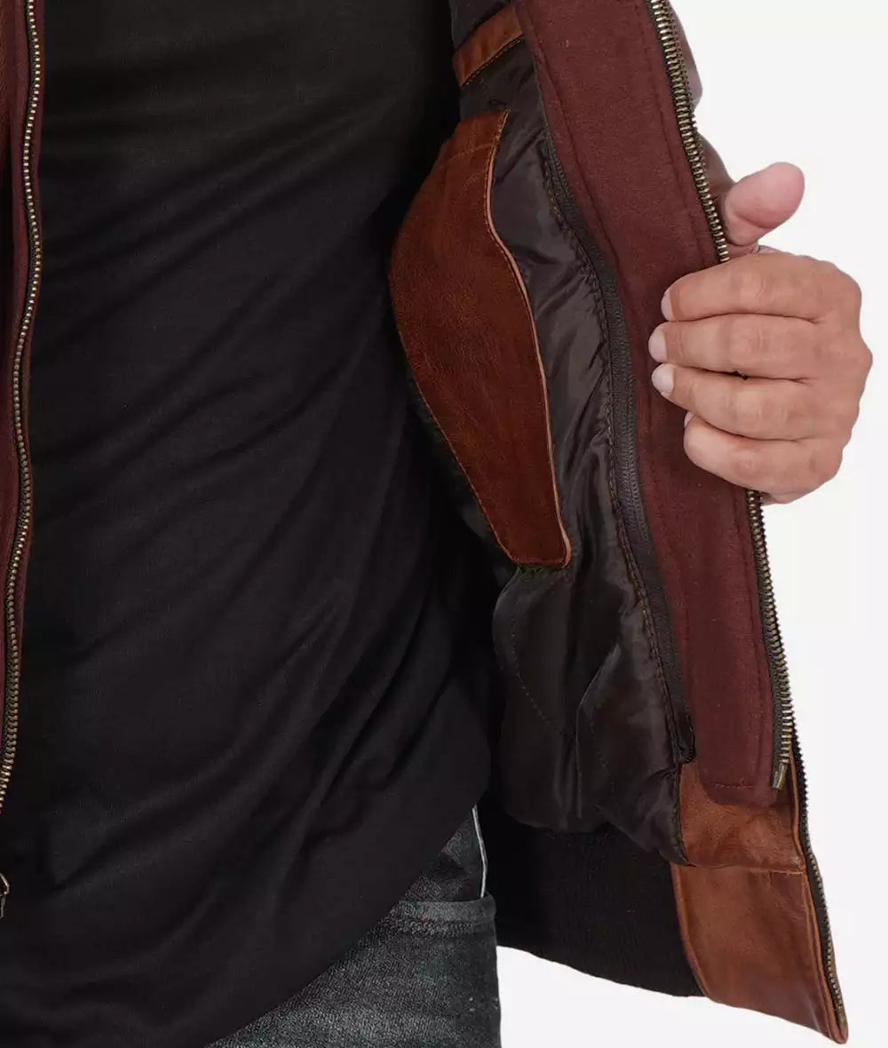Mens Tall Brown Leather Bomber Jacket with Hood