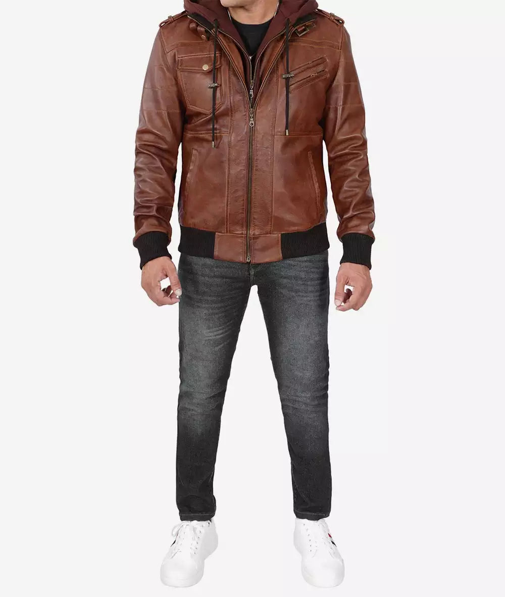 Mens Tall Brown Leather Bomber Jacket with Hood