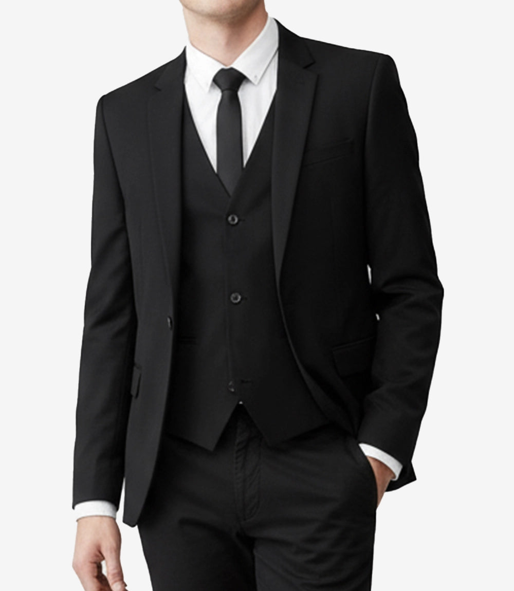 Men's Black Single-Button 3-Piece Suit — Notch Lapel