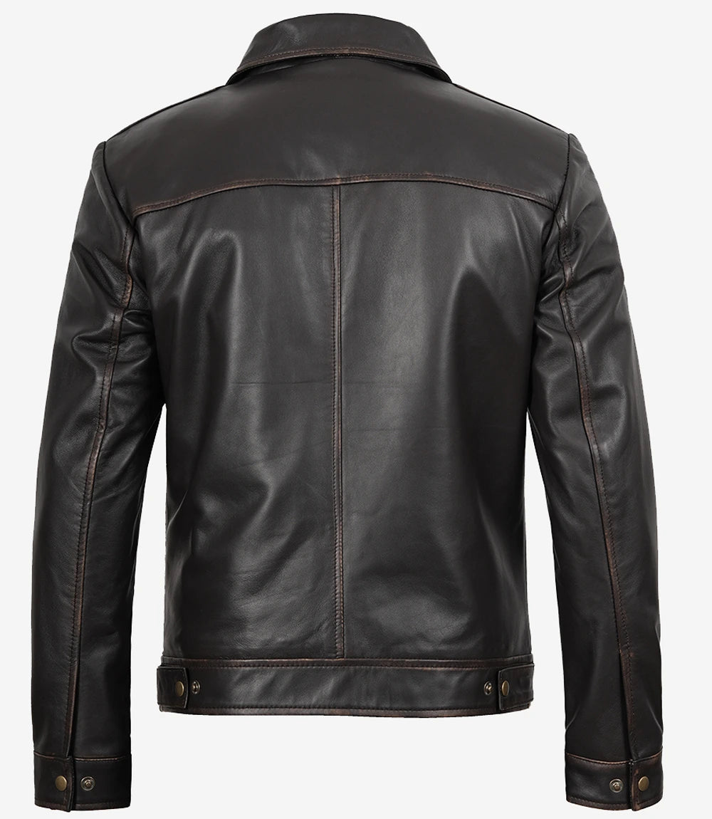 Mens Shirt Collar Vintage Brown Leather Jacket