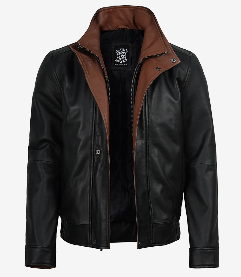 Erin Mens High-Collar Black Bomber Leather Jacket With Brown Details