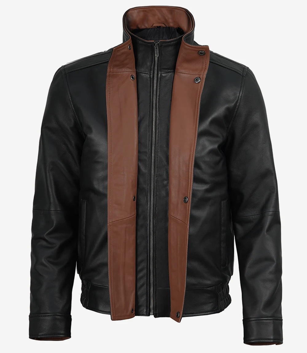 Erin Mens High-Collar Black Bomber Leather Jacket With Brown Details