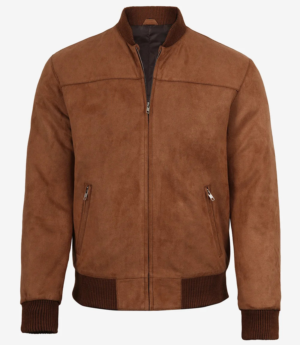 Men's Light Brown Faux Suede Bomber Jacket