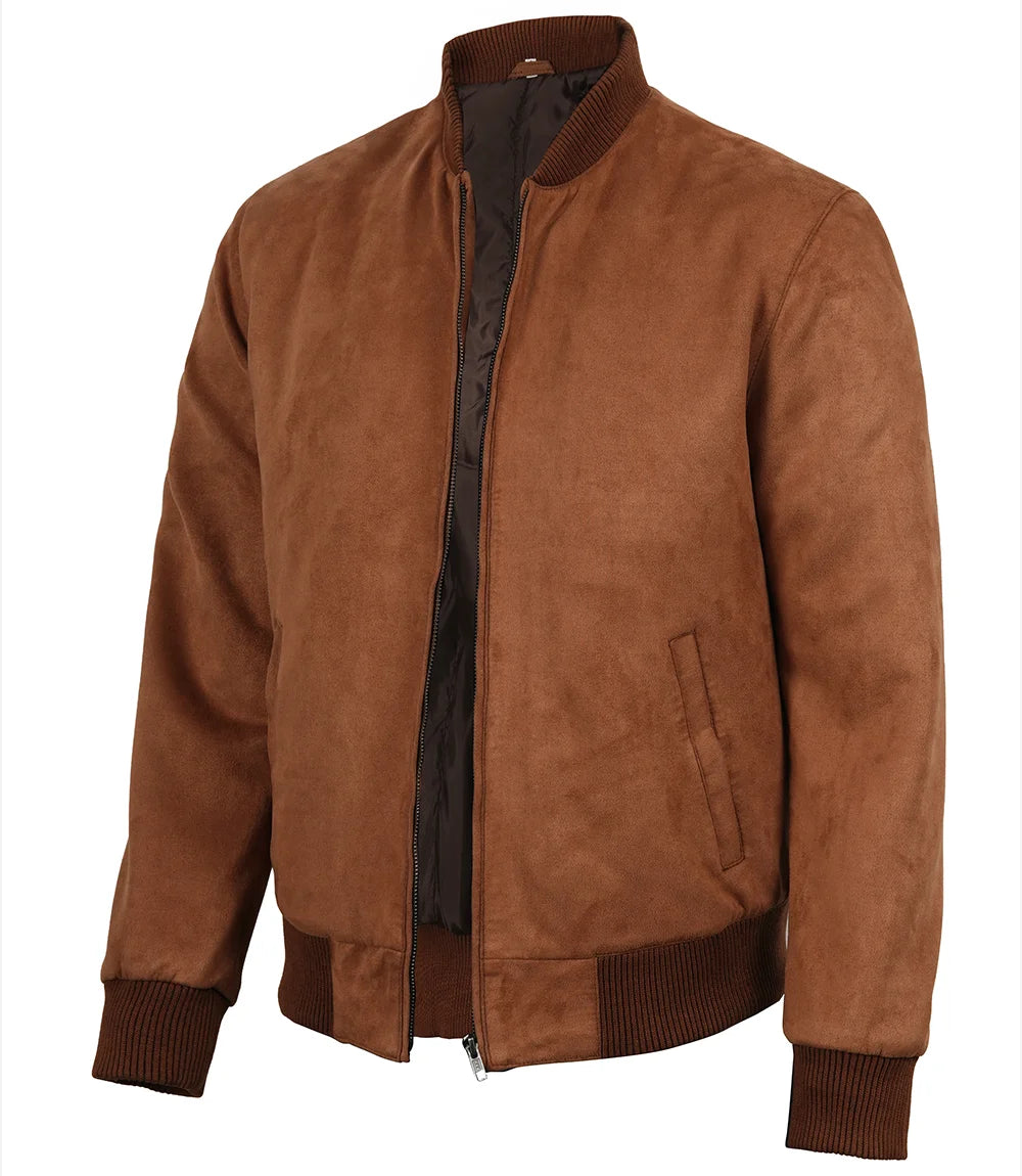 Men's Light Brown Faux Suede Bomber Jacket