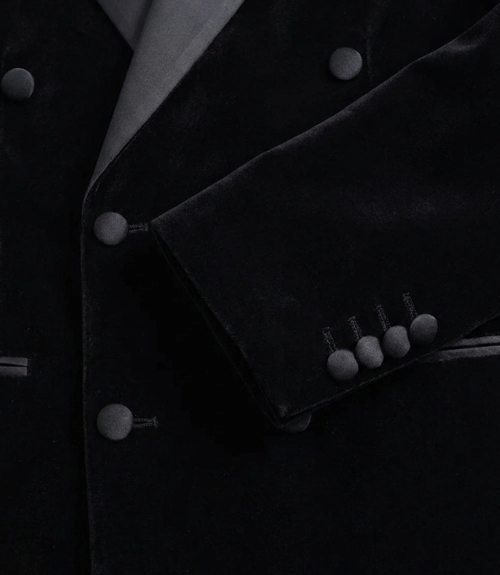 Men’s Black Velvet Double-Breasted Tuxedo Jacket — Peak Lapel