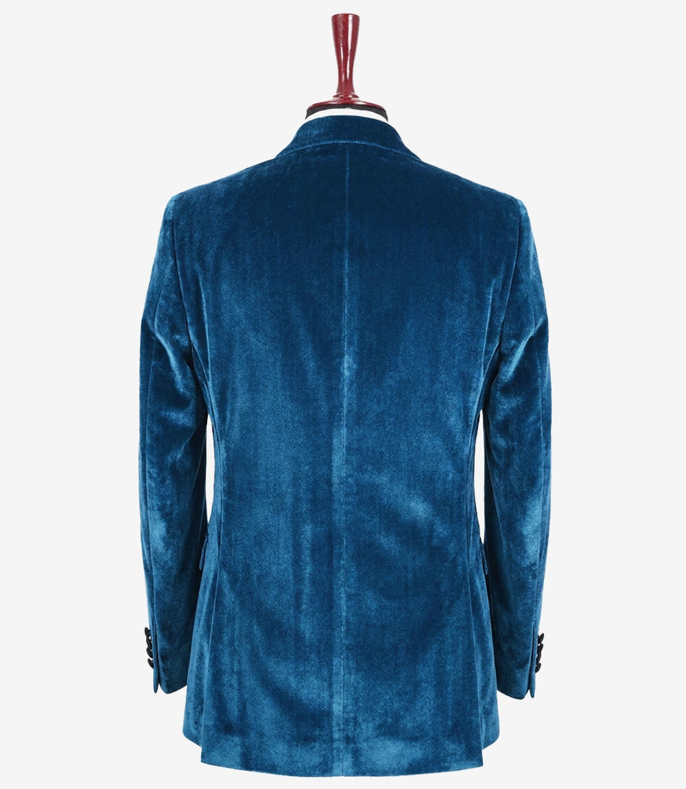 Men’s Teal Blue Velvet Double-Breasted Tuxedo Jacket — Peak Lapel