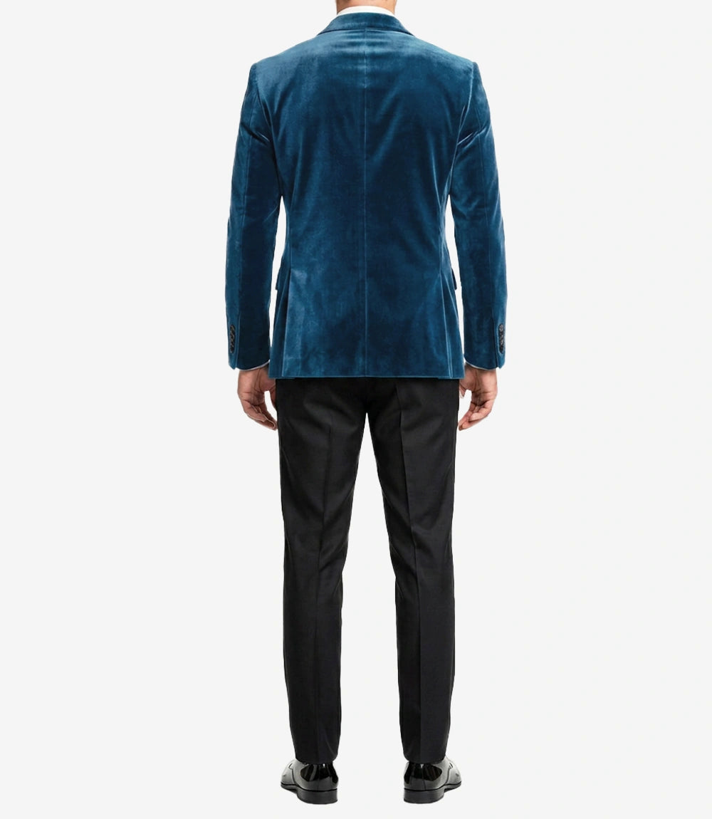 Men’s Teal Blue Velvet Double-Breasted Tuxedo Jacket — Peak Lapel