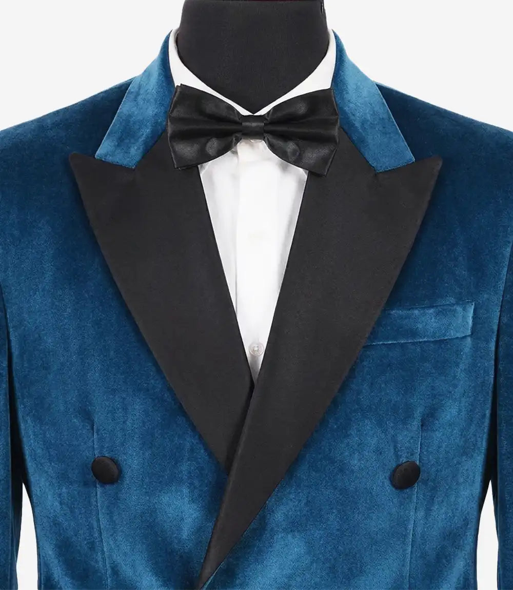 Men’s Teal Blue Velvet Double-Breasted Tuxedo Jacket — Peak Lapel