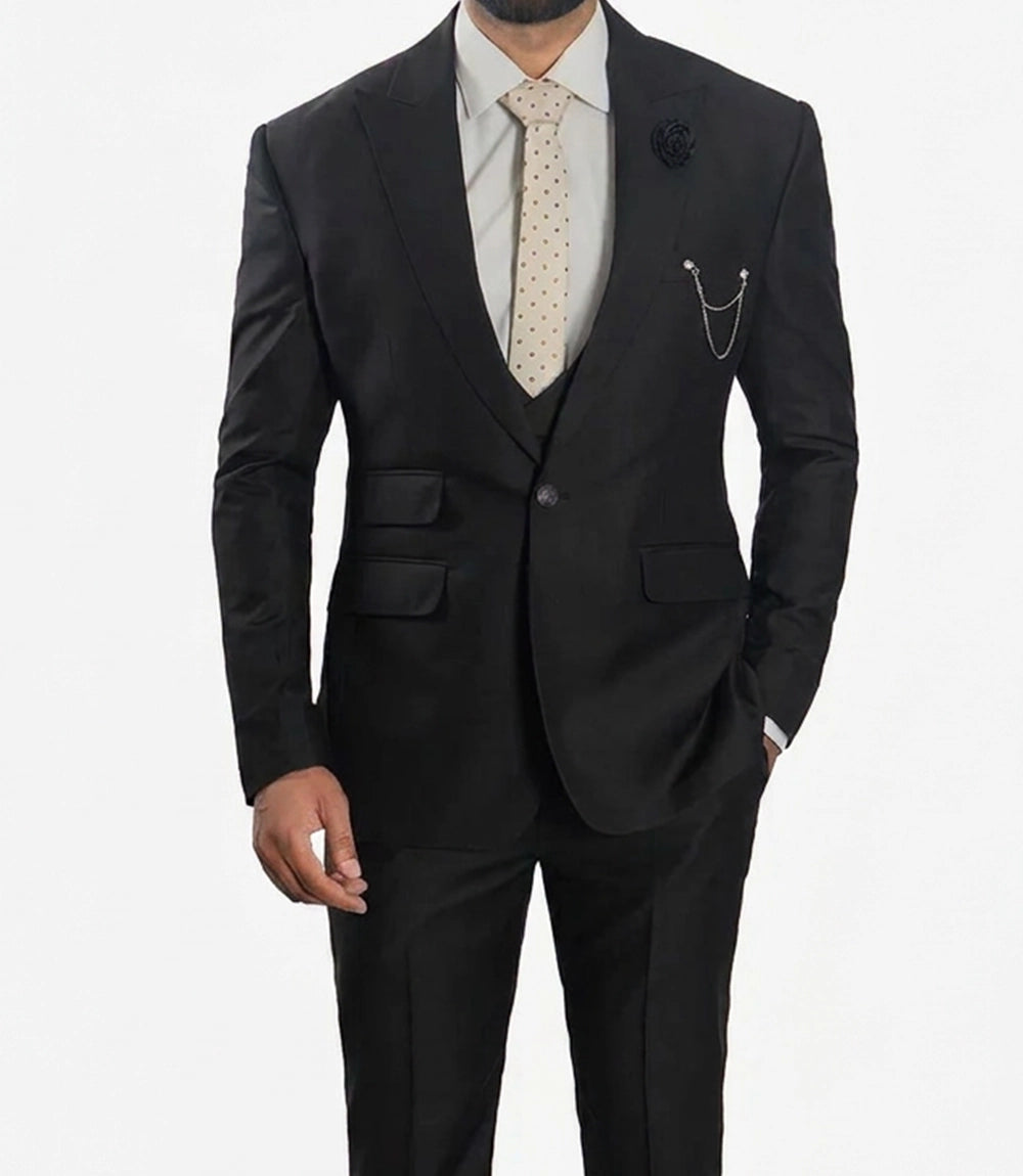 Morgan Slim Fit Peak Lapel 3-Piece Black Men’s Suit