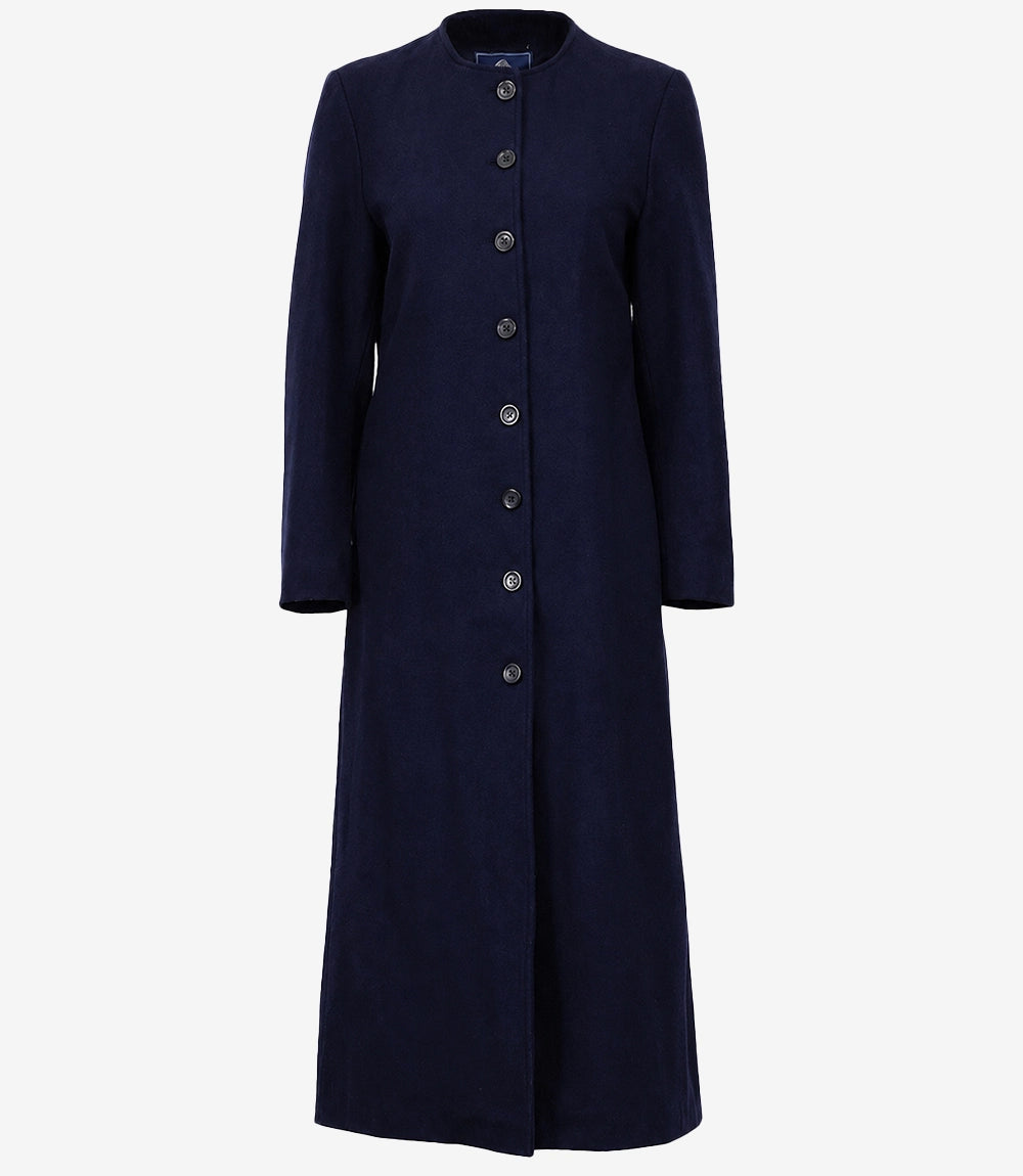 Rosario Runway: Women's Collarless Navy Blue Wool Coat - Blue - view 2