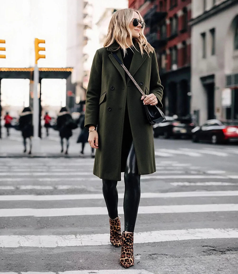 The Classicist: Women's Double-Breasted Wool Coat in Olive Green