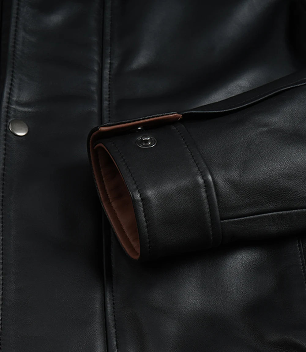 Erin Mens High-Collar Black Bomber Leather Jacket With Brown Details