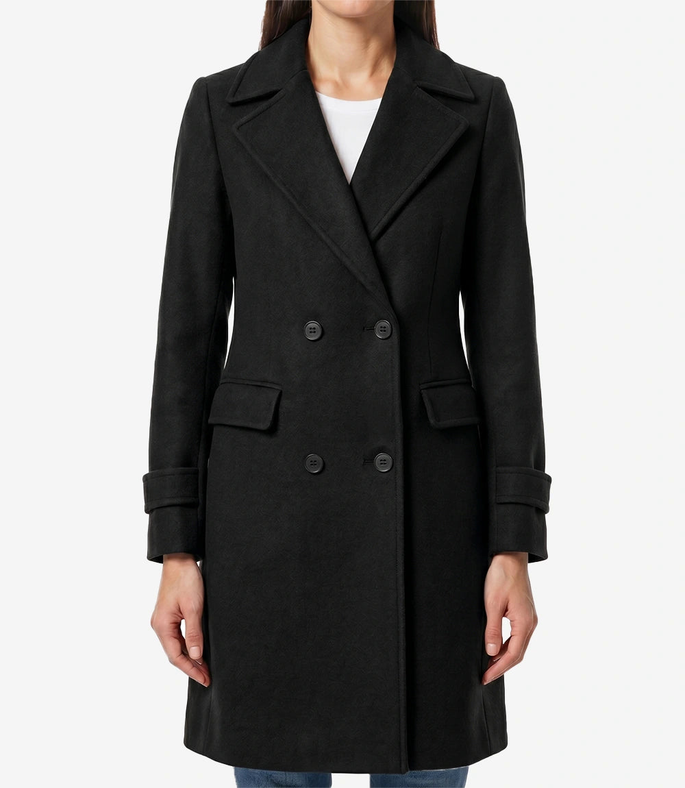 Stephany Women's Double-Breasted Black Wool Coat