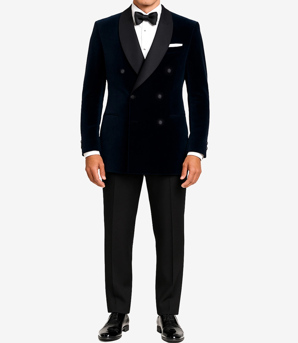 Raleigh Men's Shawl Lapel Blue Velvet Tuxedo - Double-Breasted