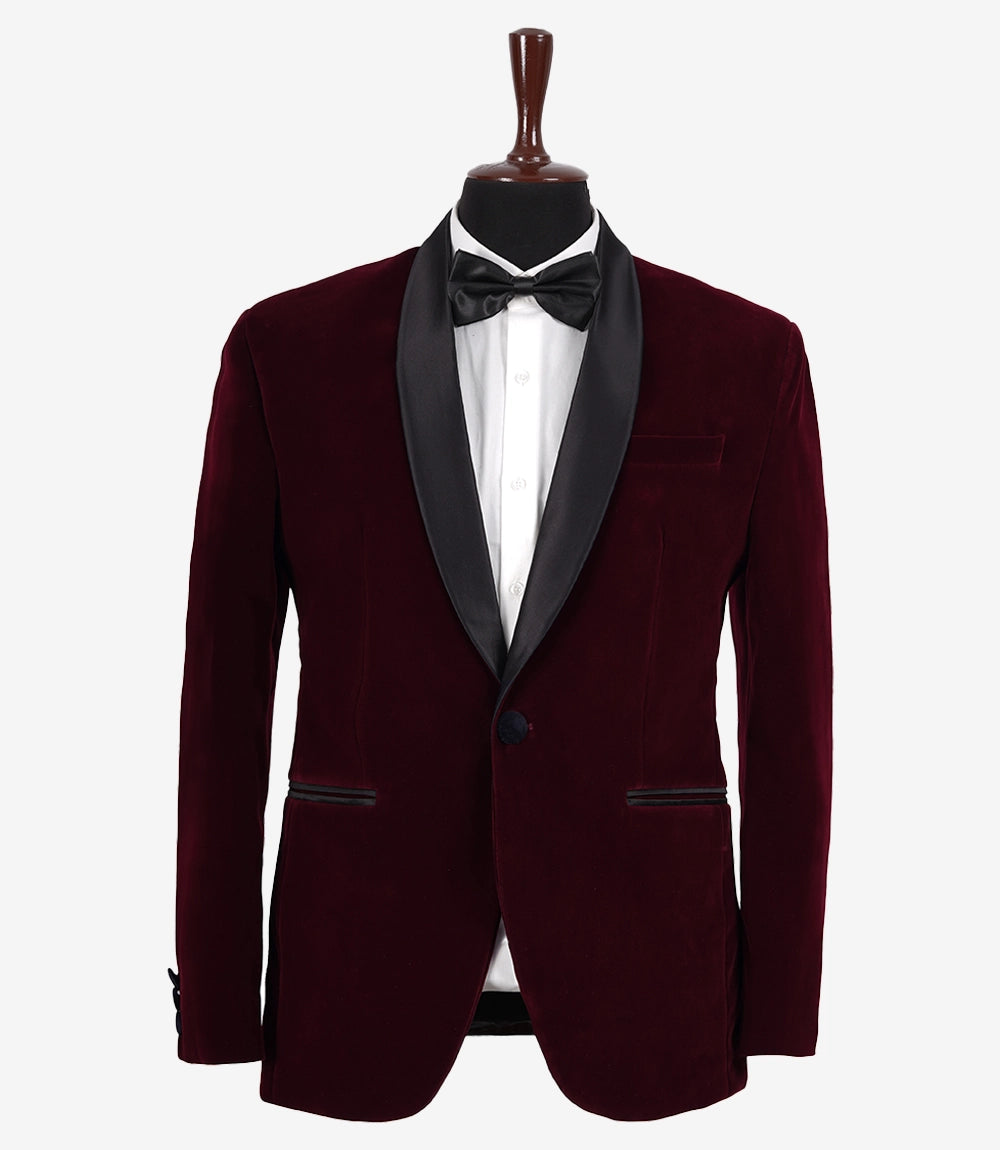 Mens Black Shawl Lapel Maroon Velvet Tuxedo - Mens Maroon Wedding Tux