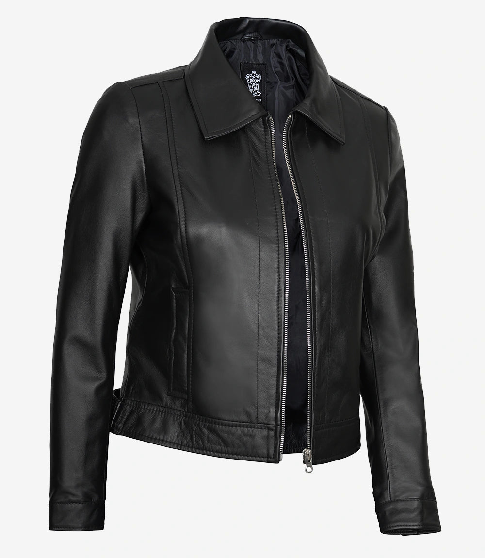 Womens Shirt Collar Black Leather Jacket