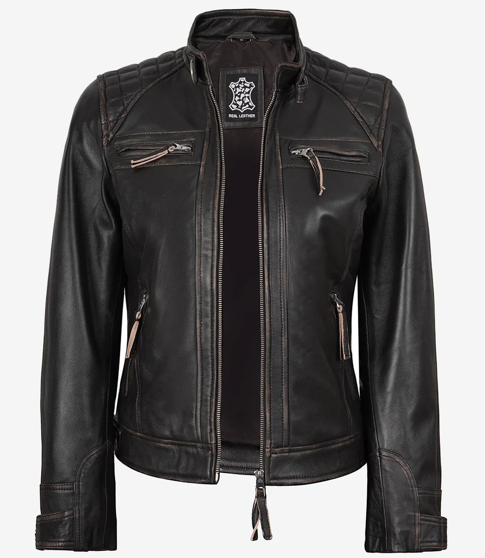 Women's Quilted Distressed Brown Real Lambskin Leather Biker Style Jacket