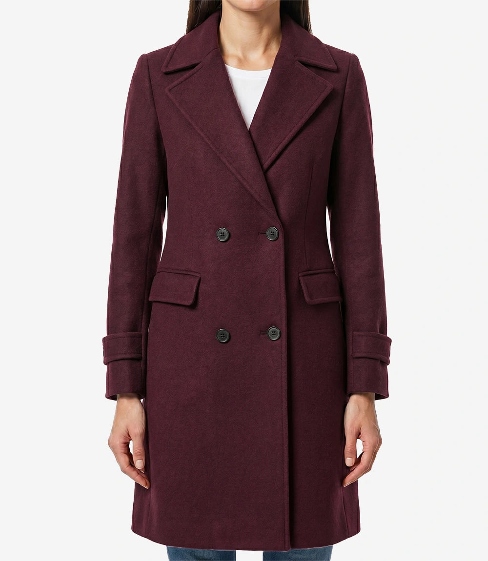 Women's Double Breasted Wool Coat – Maroon Long Wrap Coat