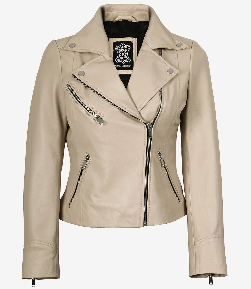 Women's Real Lambskin Leather Beige Biker Style Jacket