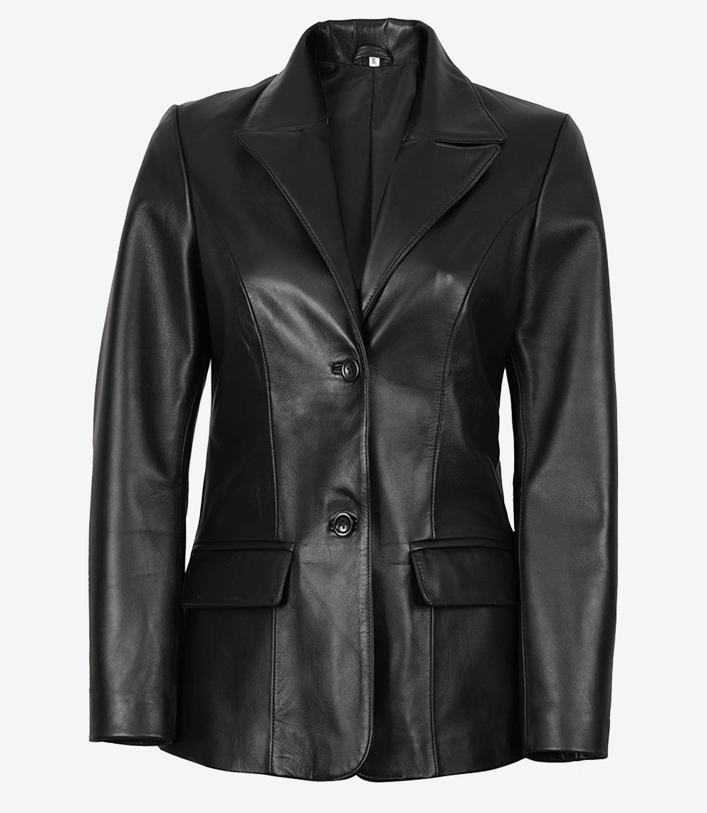Womens Black Two Button Leather Blazer