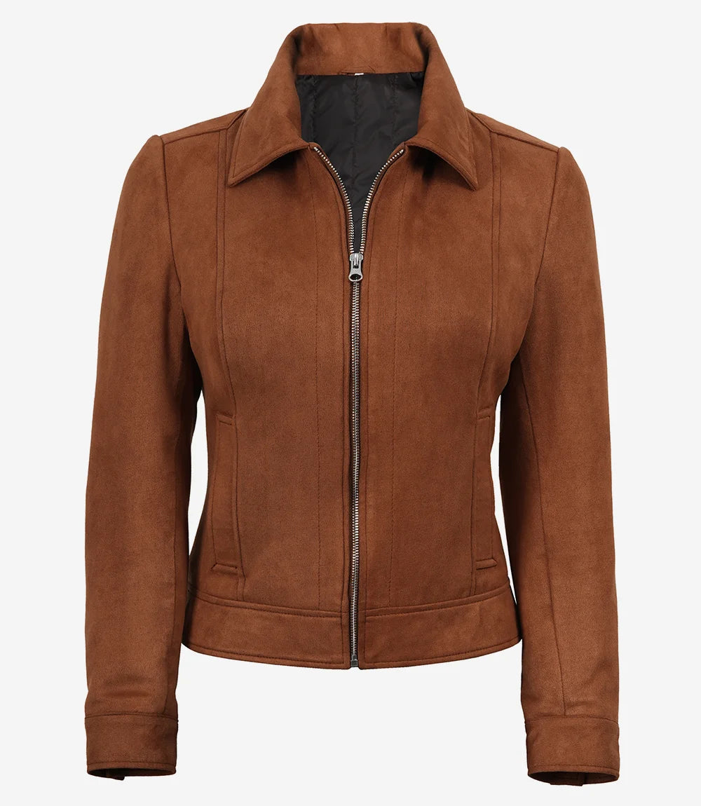 Womens Shirt Collar Light Brown Faux Suede Jacket