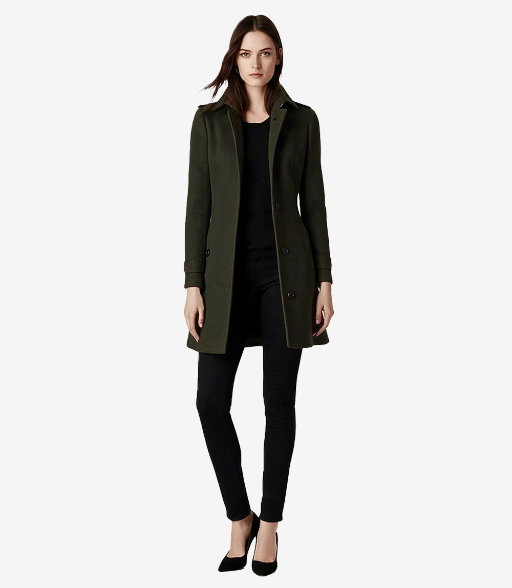 Josephine Women's Mid Length Olive Green Wool Coat - Olive Green - view 2