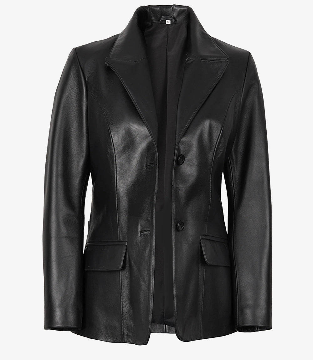 Womens Black Two Button Leather Blazer