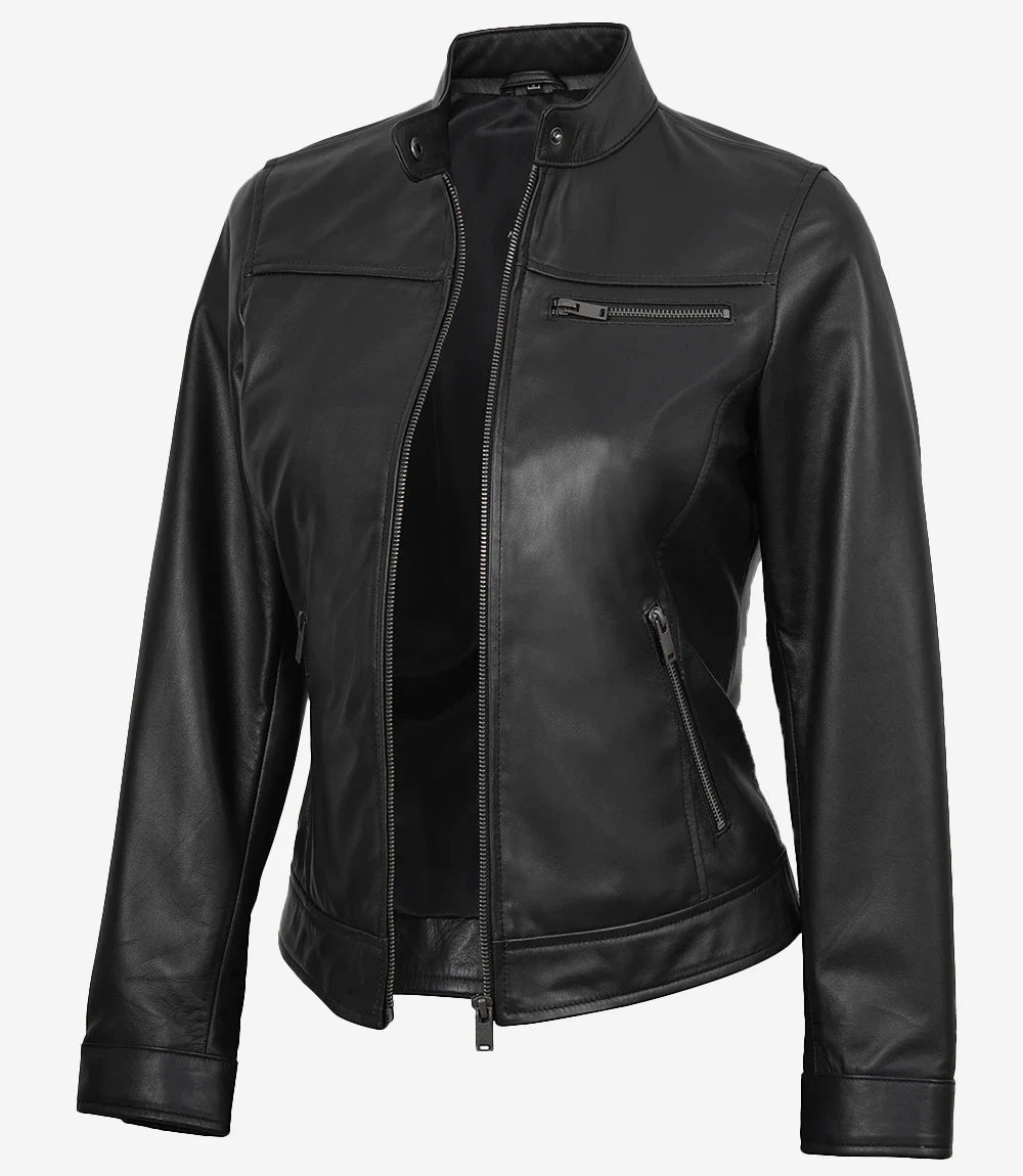 Women's Black Lambskin Biker Style Leather Jacket