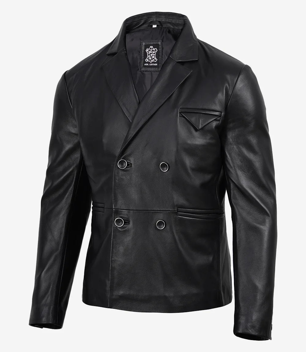 Men's Double Breasted Black Leather Blazer