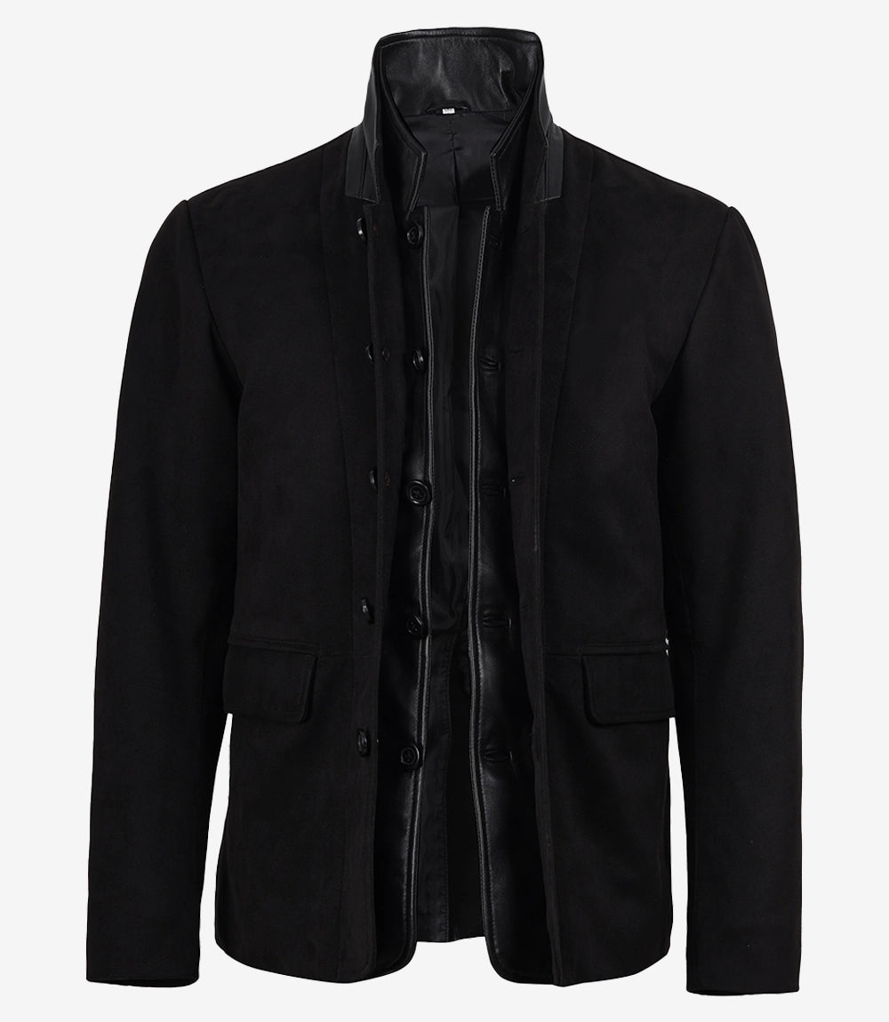 Men's Black Faux Suede Double-Layered Blazer with Leather Placket