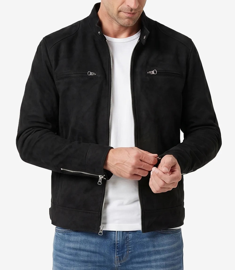 Men's Black Faux Suede Biker Style Jacket