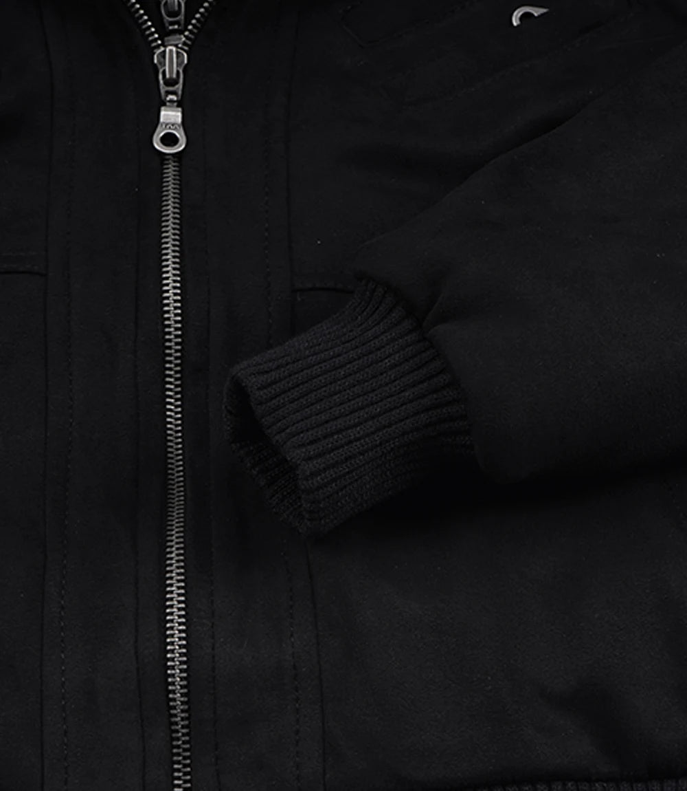 Women's Black Faux Suede Hooded Bomber Jacket