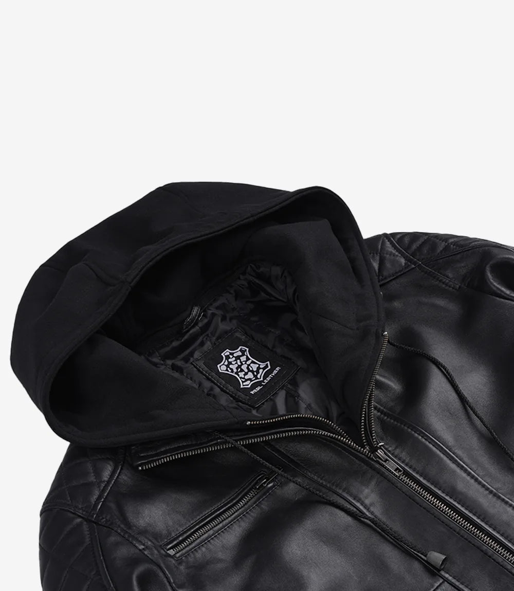 Men's Black Quilted Leather Bomber Jacket with Removable Hood