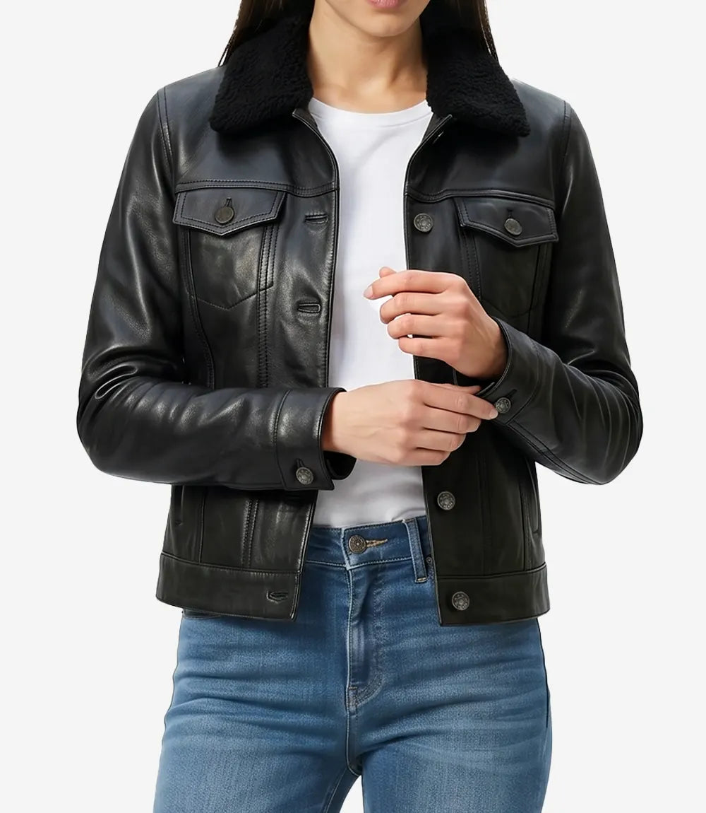 Women's Black Leather Trucker Jacket with Sherpa Lining