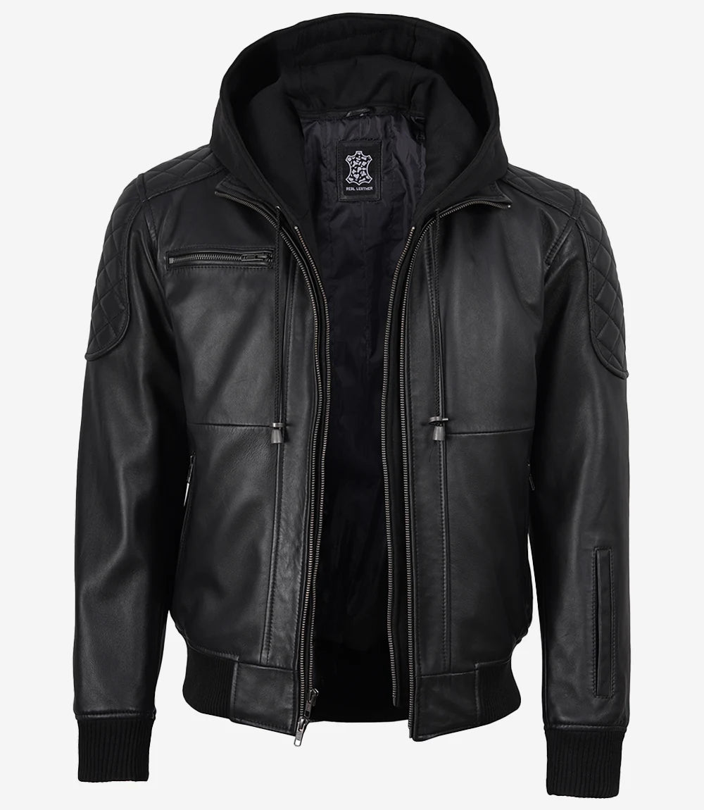 Men's Black Quilted Leather Bomber Jacket with Removable Hood