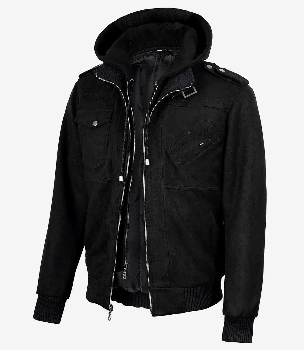 Men's Black Faux Suede Hooded Bomber Jacket