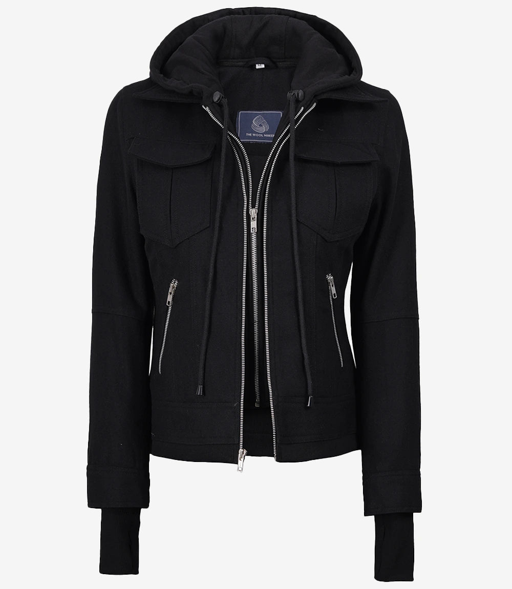 Women's Black Wool Jacket – Removable Hood with Zip Front