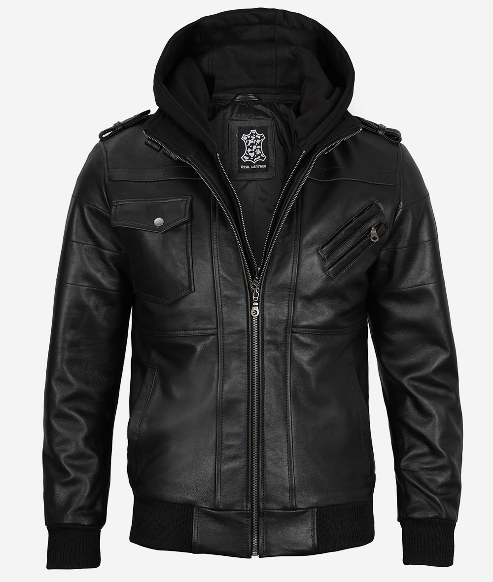 Mens Bomber Black Leather Jacket with Hood
