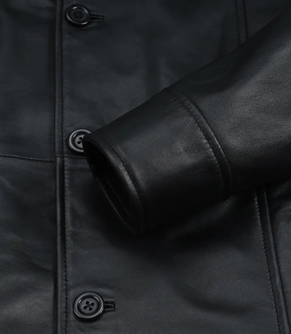 Men's Black 3/4 Length Button Down Leather Coat